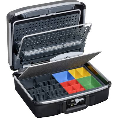 Une boîte à outils ouverte avec des compartiments colorés : jaune, rouge, bleu, remplis de petites boîtes pour l'organisation des outils.