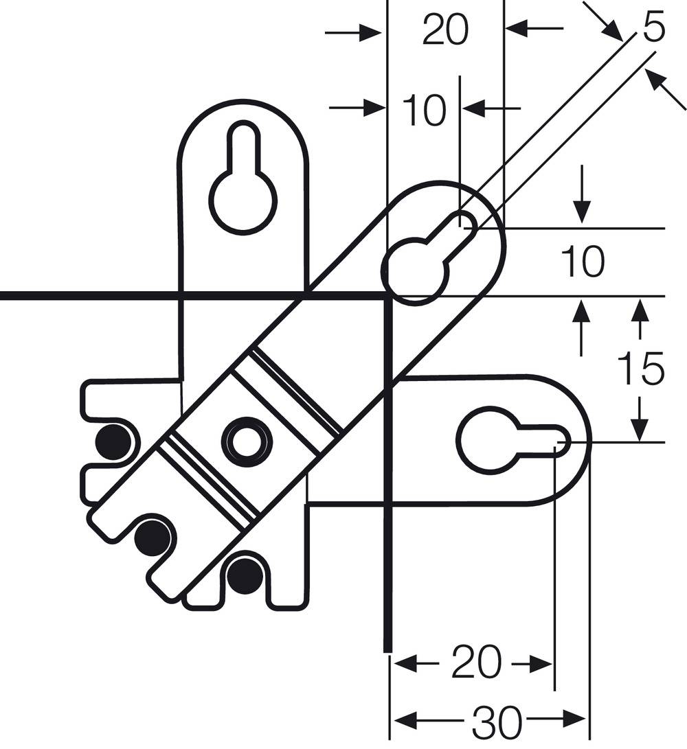 Dessin technique d'un mécanisme articulé avec indications dimensionnelles. Différentes pièces sont marquées avec des dimensions en millimètres.