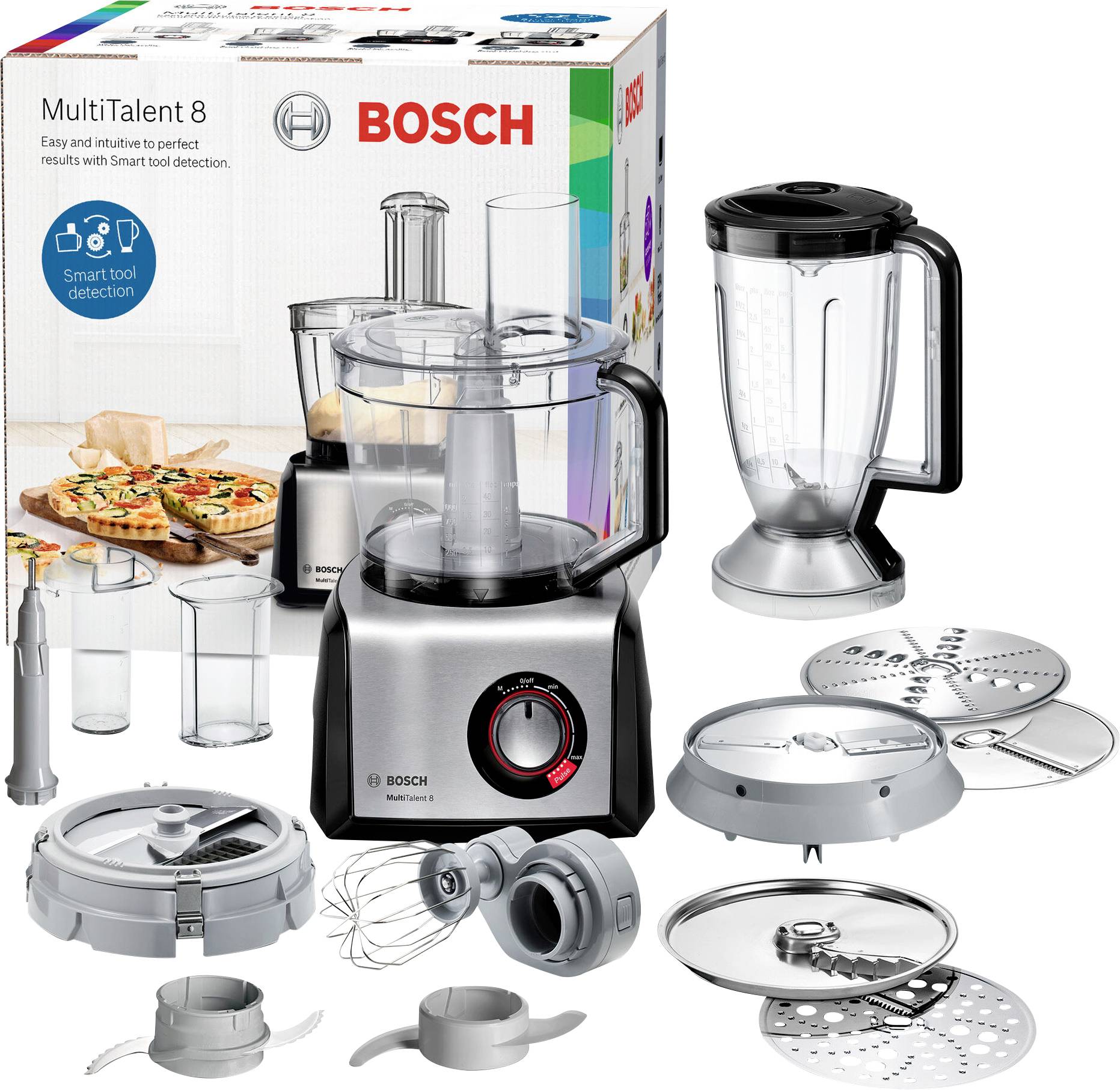 Ensemble de robot multifonction de cuisine avec mixeur, différents accessoires de coupe et emballage en arrière-plan.
