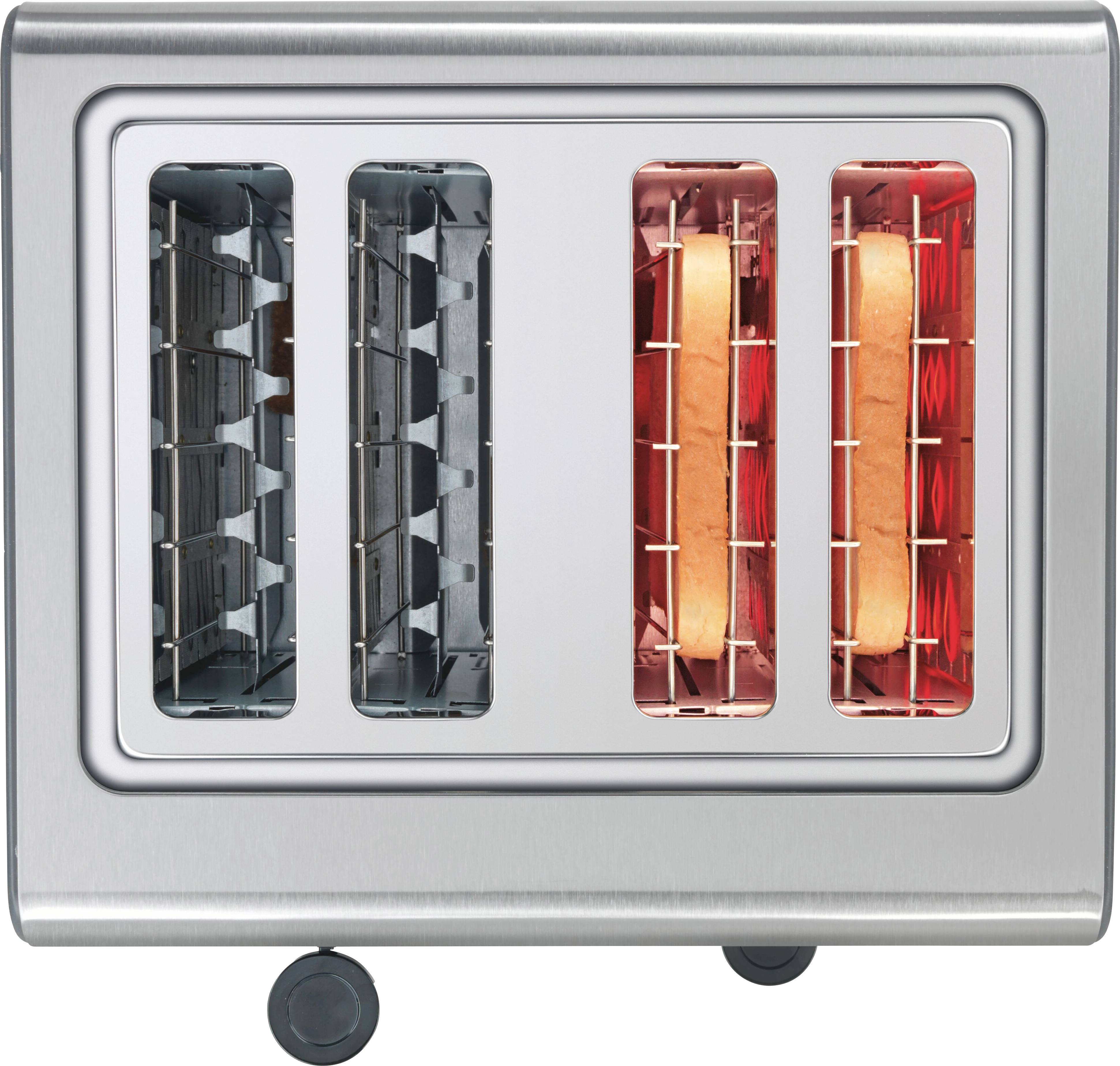 Grille-pain argenté à quatre tranches avec deux tranches de pain grillé sur le côté droit, illuminées en rouge par la chaleur.
