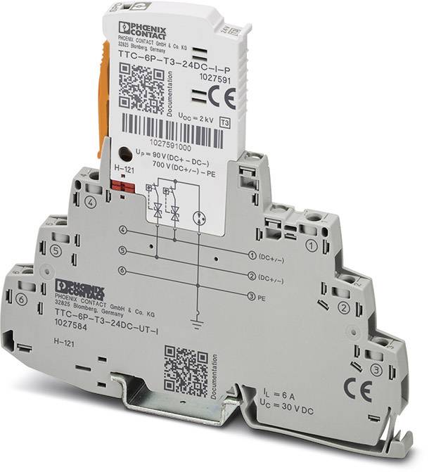 Dispositif de protection contre les surtensions de Phoenix Contact, modèle TTC-6P-T3-24DC-UT ; code QR et spécifications techniques sur la face avant.
