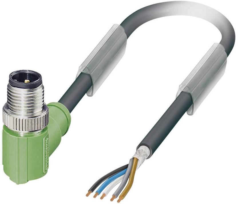 Un câble de connexion vert coudé avec des fils dénudés à l'autre extrémité, adapté pour les connexions électriques.
