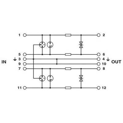 Schéma de circuit électrique avec entrées et sorties, résistances, diodes et câblages. Illustre la connexion des différents composants.