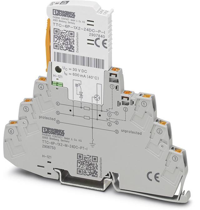 Un appareil électronique gris avec plusieurs ports et des leviers oranges, probablement un dispositif de protection pour des systèmes électroniques.