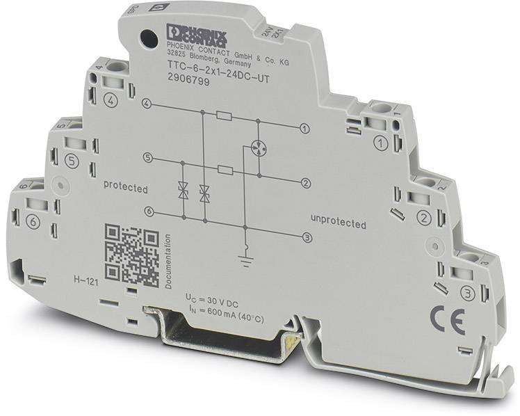Composant électronique gris brillant avec schéma de circuit et code QR. Inscriptions : 'protégé', 'non protégé', '30V CC', '600mA'.