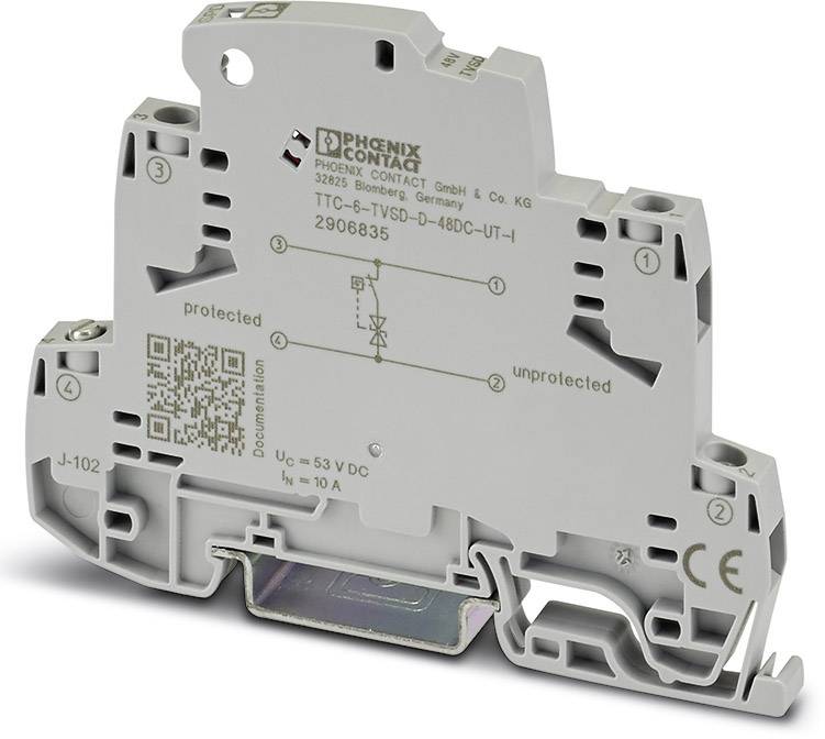 Appareil de protection contre les surtensions 'Phoenix Contact', modèle TTC-6-1x2-48DC, affiche les indicateurs de statut de protection 'protected' et 'unprotected'.