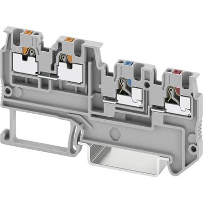 Un bloc de bornes électriques gris avec trois emplacements de fil codés par couleur : orange, bleu et rouge. Conçu pour une utilisation industrielle ou électrique.