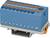 Connecteur électrique bleu, rectangulaire, avec plusieurs bornes et des cosses orange. Monté sur une base grise.