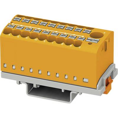 Bloc de connecteurs orange avec plusieurs bornes de raccordement sur un rail de fixation. Adapté pour les connexions électriques.