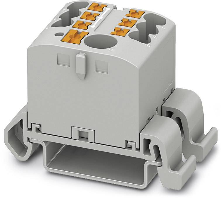 Connecteur électrique gris avec des bornes oranges pour raccorder des fils. Adapté pour un montage sur rail DIN.