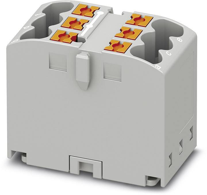 Un connecteur électrique gris avec quatre leviers de serrage orange, adapté pour relier plusieurs câbles.