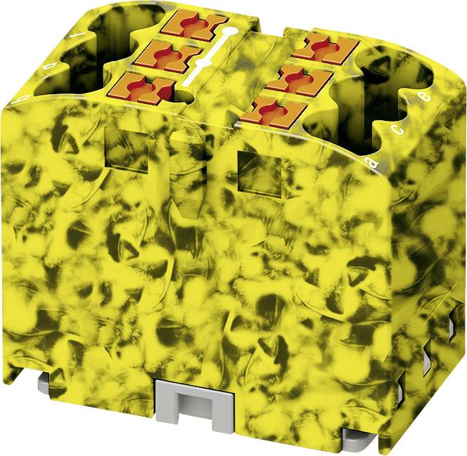 Un composant électrique jaune à motif avec des bornes orange en haut.