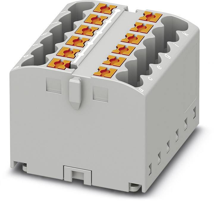 Connecteur électrique gris avec plusieurs bornes de connexion orange en haut, adapté aux applications de câblage.