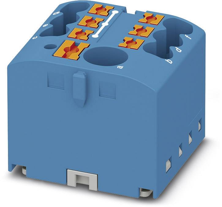 Un élément de connexion électrique bleu avec des bornes orange, adapté au montage sur rail DIN.