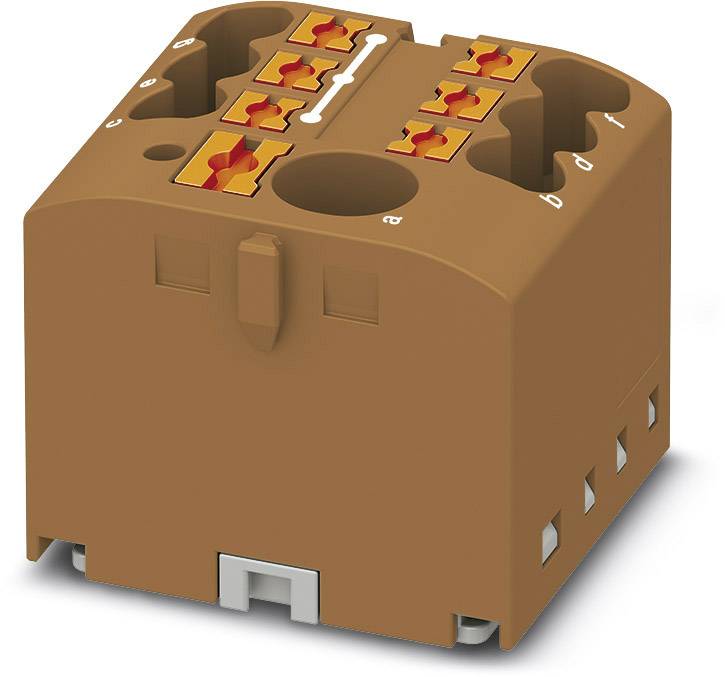 Connecteur électrique marron avec plusieurs points de connexion sur la surface supérieure et des marquages estampés.