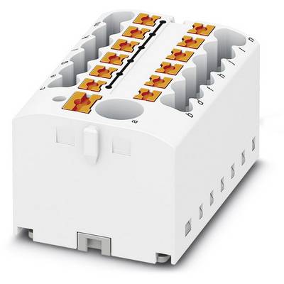 Un connecteur électrique blanc avec plusieurs bornes de connexion orange disposées en deux rangées en haut.