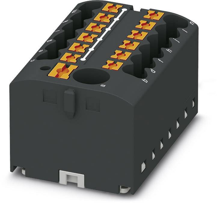 Un connecteur noir avec plusieurs bornes oranges pour des connexions électriques.