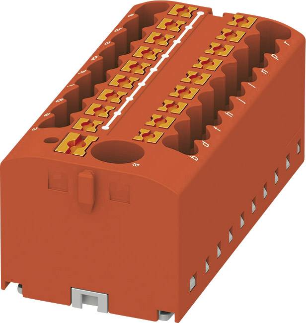 Borne électrique rouge à connexions multiples avec plusieurs emplacements et points de serrage, de forme rectangulaire.