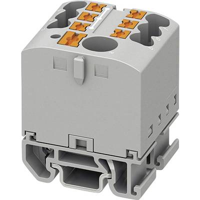 Module de connexion électrique gris avec plusieurs bornes orange, montable sur rail DIN, pour la fixation de câbles.