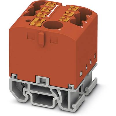 Un bloc de bornes rouge avec plusieurs connexions, monté sur un rail de support argenté. Adapté pour les connexions électriques.