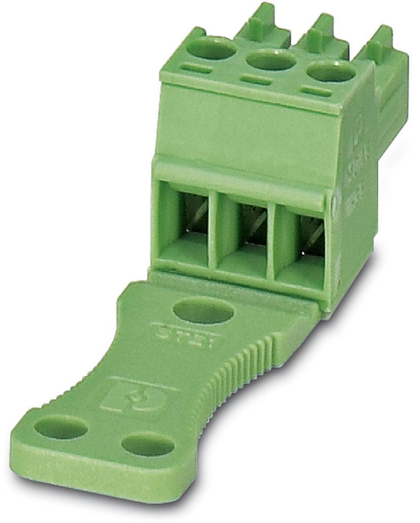 Connecteur vert à trois broches avec poignée, pour connexions électriques dans les circuits.