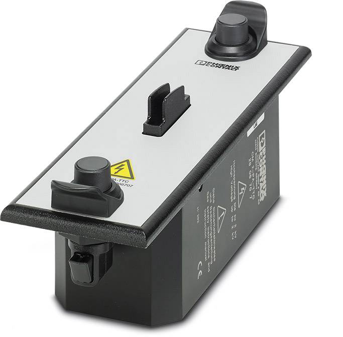 Un appareil électrique rectangulaire doté de deux interrupteurs et d'un symbole d'avertissement de tension électrique. Marqué des certifications CE et UL.