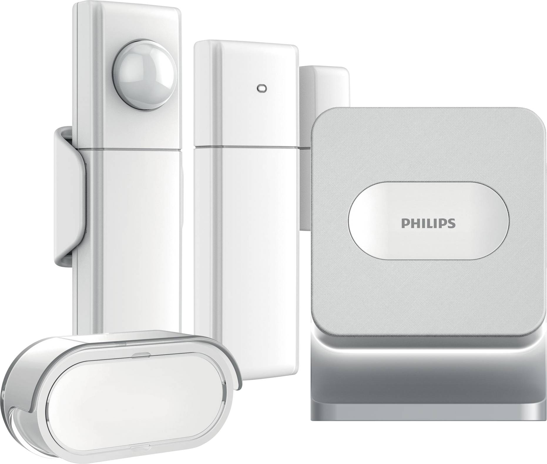 Un groupe de capteurs Philips Smart Home au design moderne, comprenant des capteurs de mouvement, de porte/fenêtre et de contrôle de l'éclairage.