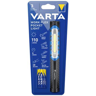Lampe de poche 'Varta Work Flex Pocket Light' en emballage avec 110 lumens, deux modes d'éclairage, résistante aux chocs, imperméable, batteries incluses.