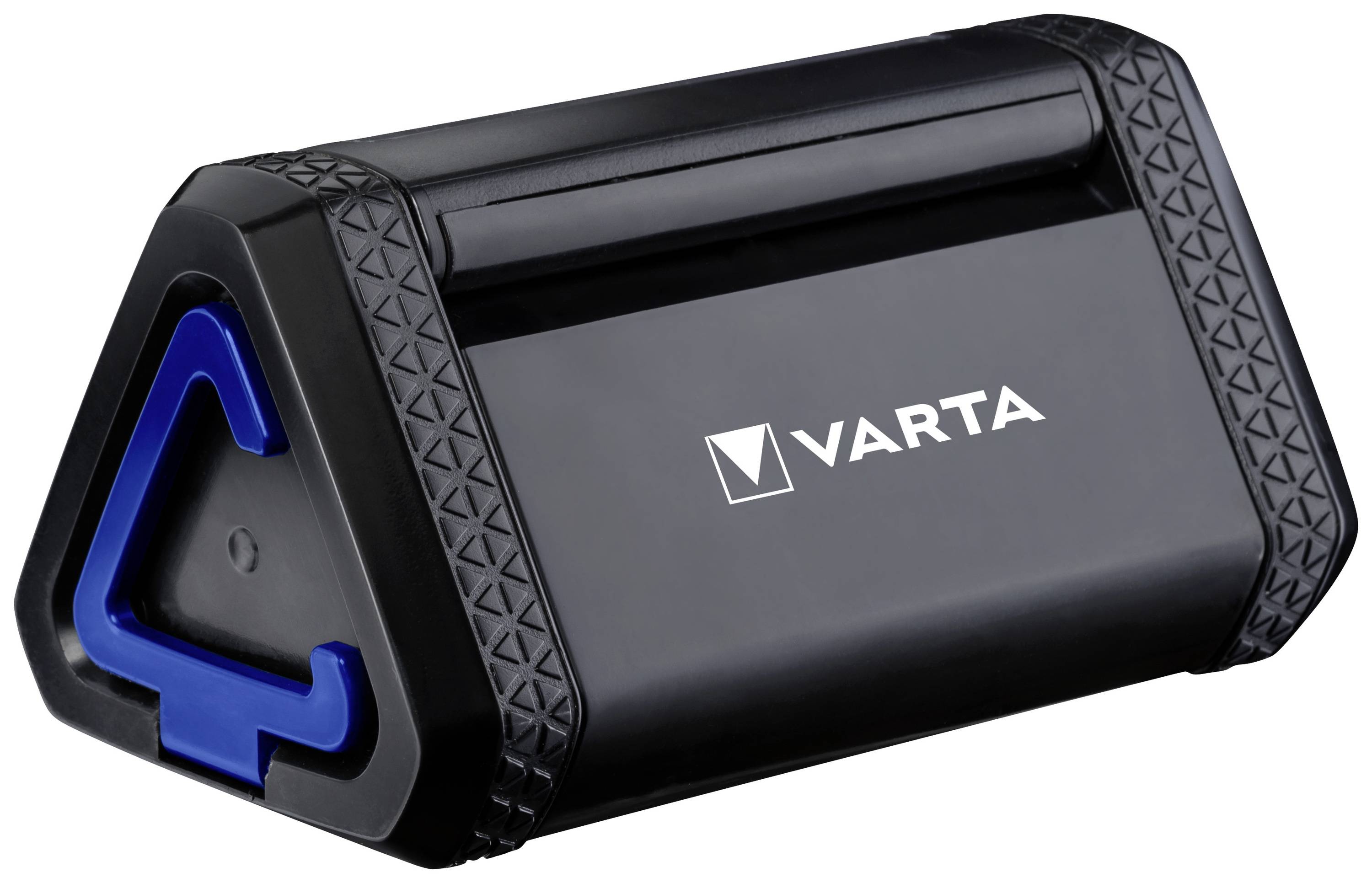 Testeur de batterie triangulaire noir et bleu de Varta, indiquant le niveau de charge des piles AA, AAA et 9V.