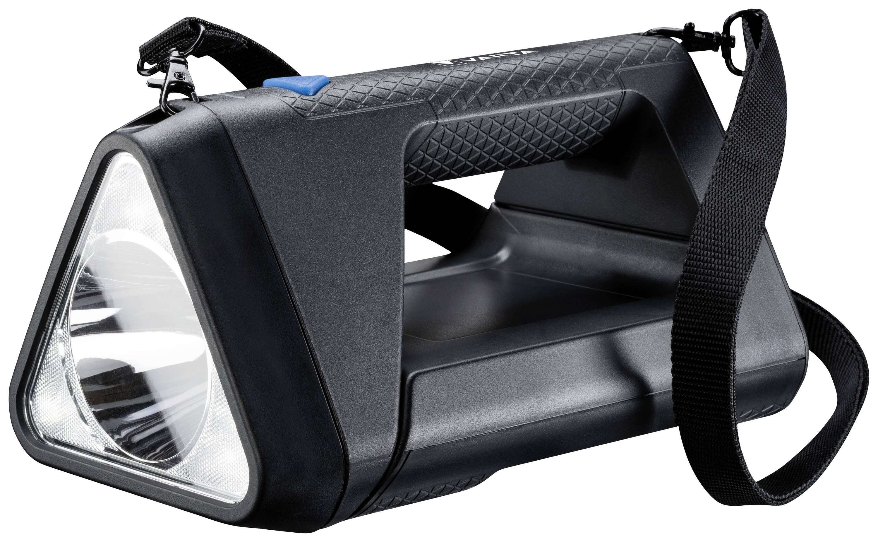 Lampe torche noire triangulaire avec poignée de transport et bandoulière, adaptée aux activités de plein air et aux situations d'urgence.