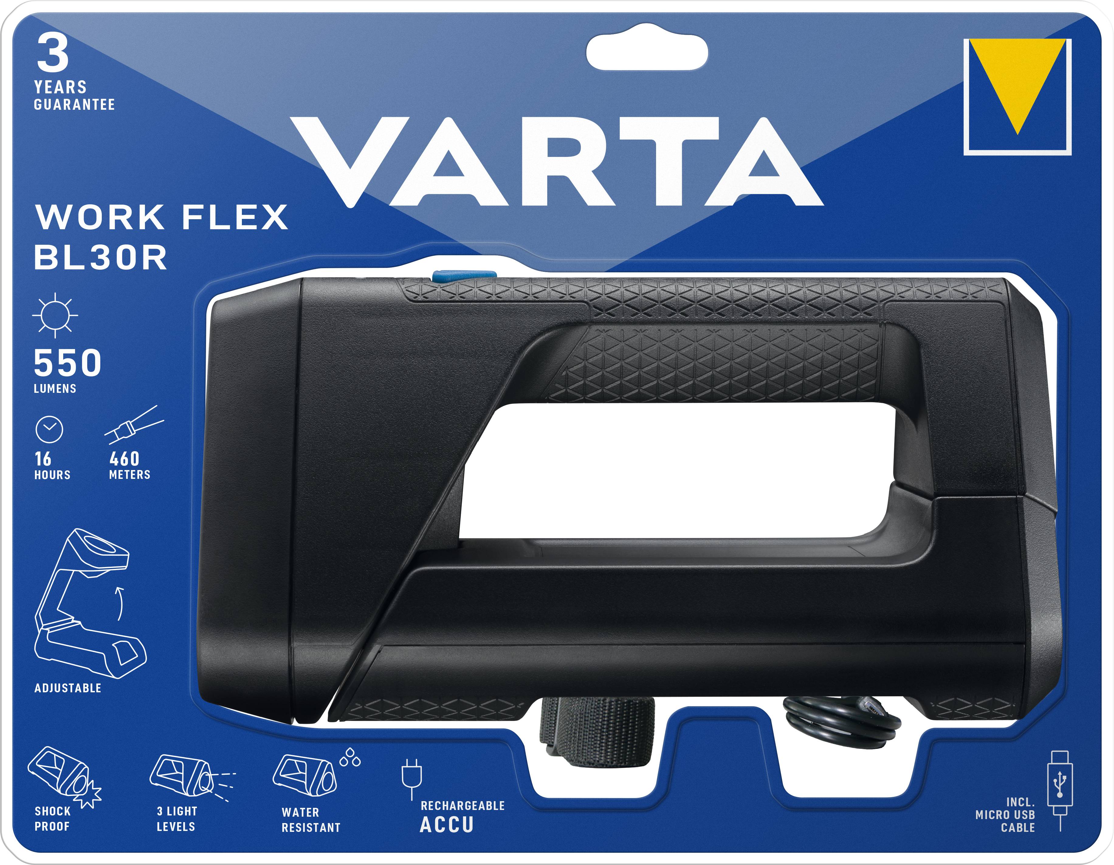 Lampe portable rechargeable Varta BL30R avec 550 lumens, résistante aux chocs, étanche et dotée de 3 niveaux de luminosité. Câble USB inclus.
