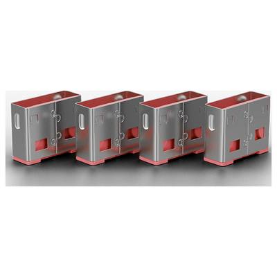Quatre boîtiers de machines industrielles métalliques avec des accents rouges, affichés en rangée sur un fond gris.