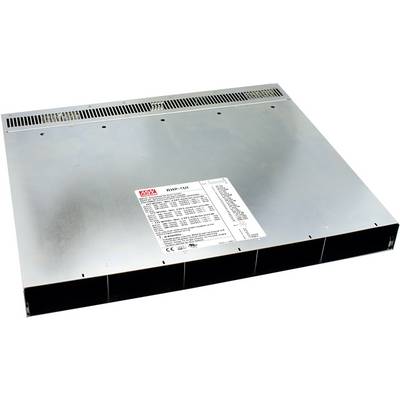Boîtier électronique métallique de Mean Well avec des fentes de ventilation et une étiquette au centre montrant des spécifications techniques.