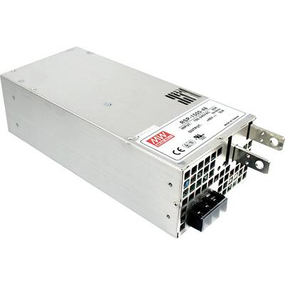 Un bloc d'alimentation rectangulaire de Mean Well, modèle RSP-1500-48, avec des fentes de ventilation et des bornes de connexion, adapté aux machines industrielles.