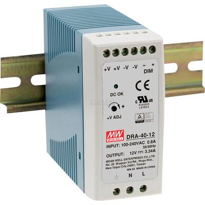 Un bloc d'alimentation à découpage bleu et blanc pour montage sur rail DIN, avec bornes de raccordement et marquage CE ; Entrée : 100-240VAC, Sortie : 12V 3,34A.
