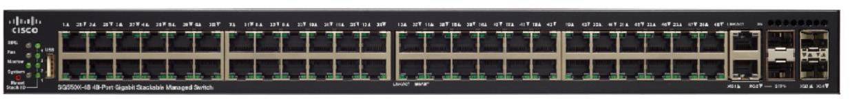 Un commutateur réseau à plusieurs ports Ethernet, fabriqué par Cisco. Des voyants verts s'allument, indiquant des connexions actives.
