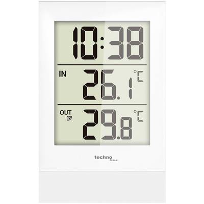 Thermomètre numérique affiche '10:38'. Température intérieure : 26,1°C. Température extérieure : 29,8°C. Nom de marque en bas.