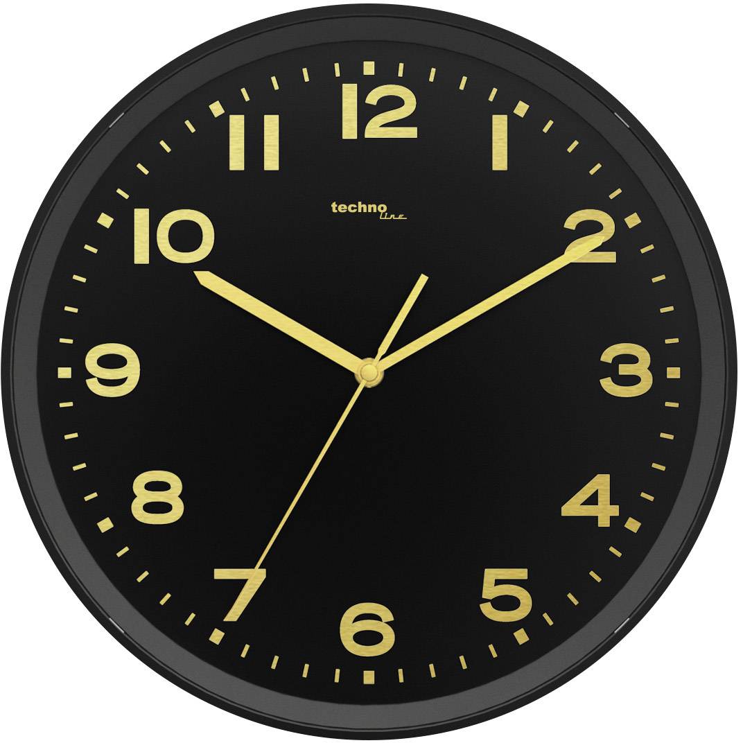 Une horloge analogique noire avec des aiguilles et des chiffres dorés affiche 10h09.