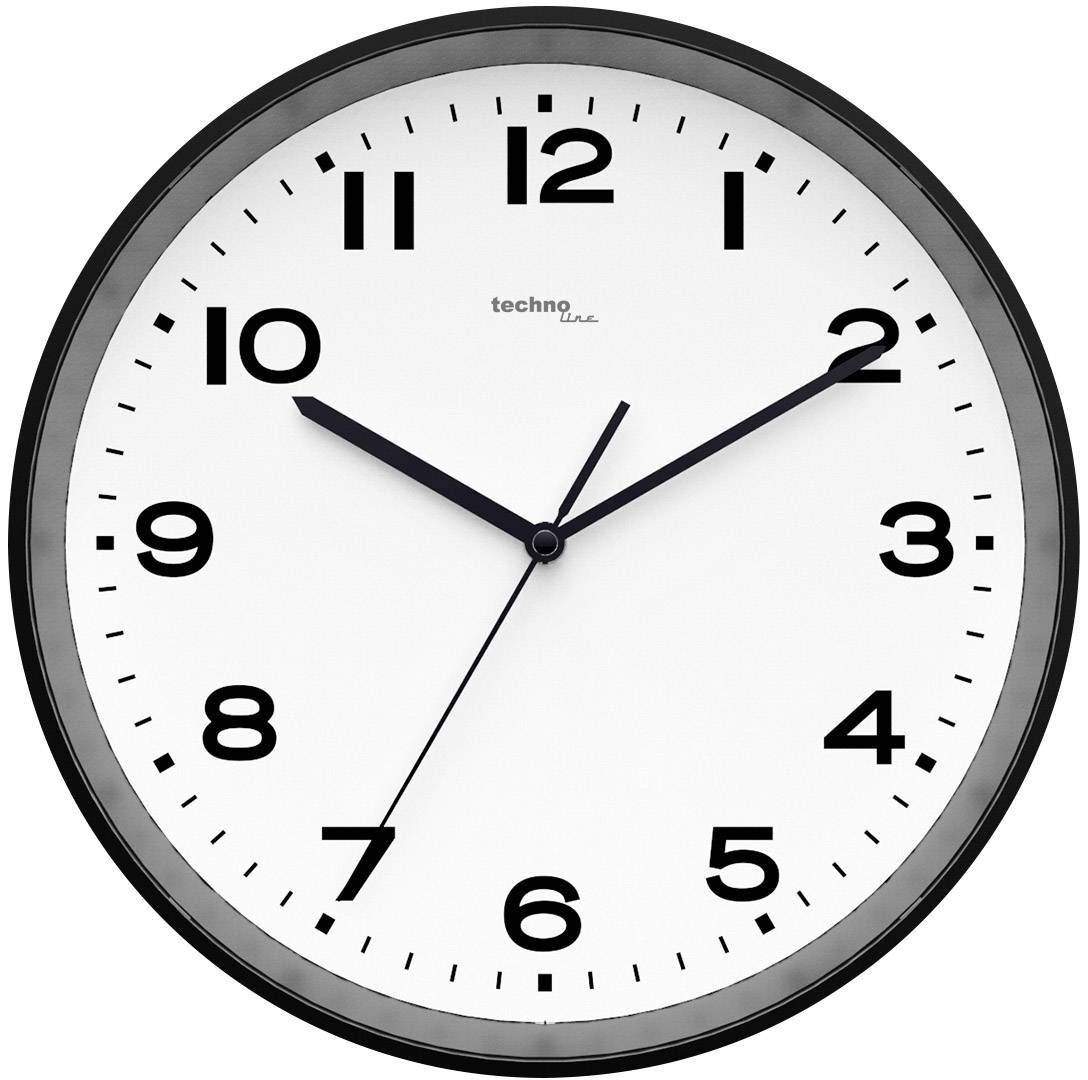 Horloge murale analogique avec un cadre noir et un cadran blanc. Les aiguilles indiquent 10h10.