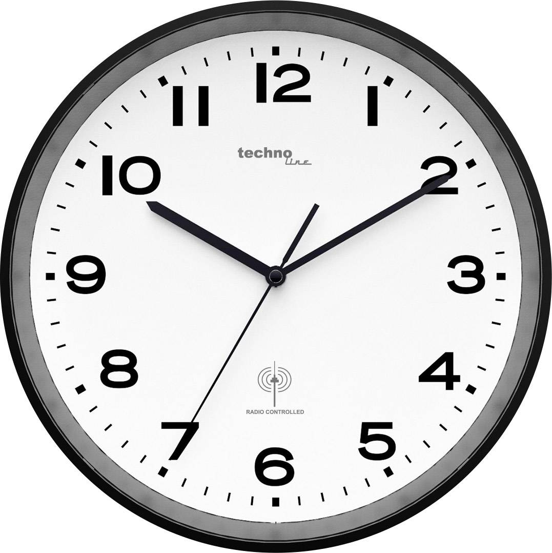 Horloge analogique avec un cadran blanc et des chiffres arabes noirs. Les aiguilles indiquent 10h10.