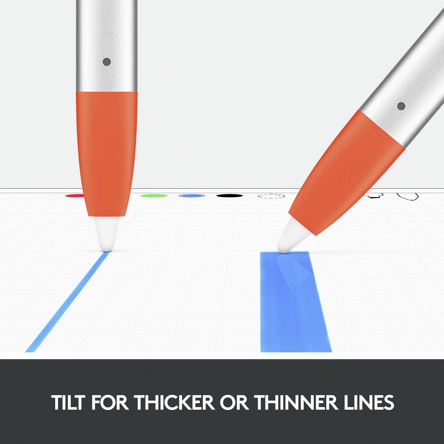 Deux stylets dessinent des lignes sur un écran numérique. L'inclinaison du stylet influence l'épaisseur de la ligne. Texte : 'Ligne plus épaisse ou plus fine en inclinant'.
