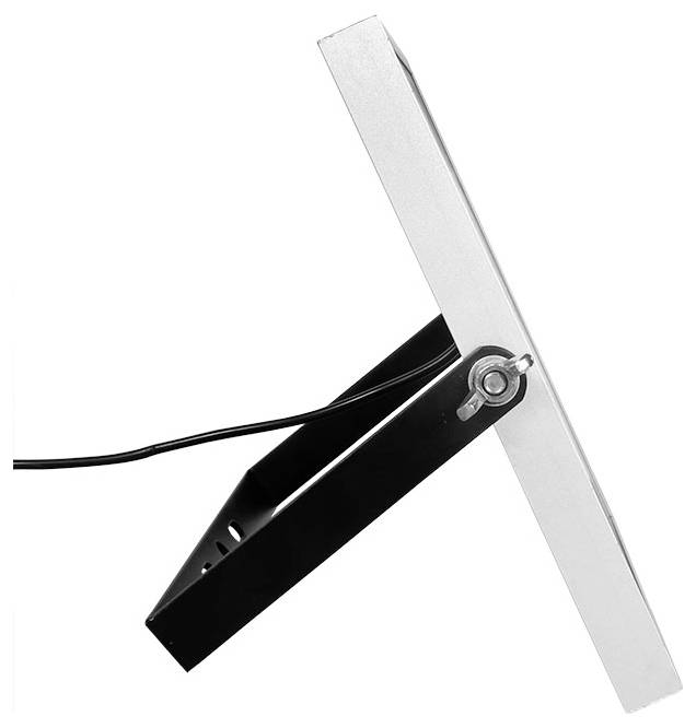 Vue latérale d'un écran plat moderne sur son support, présentant un design élégant noir et argent avec un cordon d'alimentation raccordé.