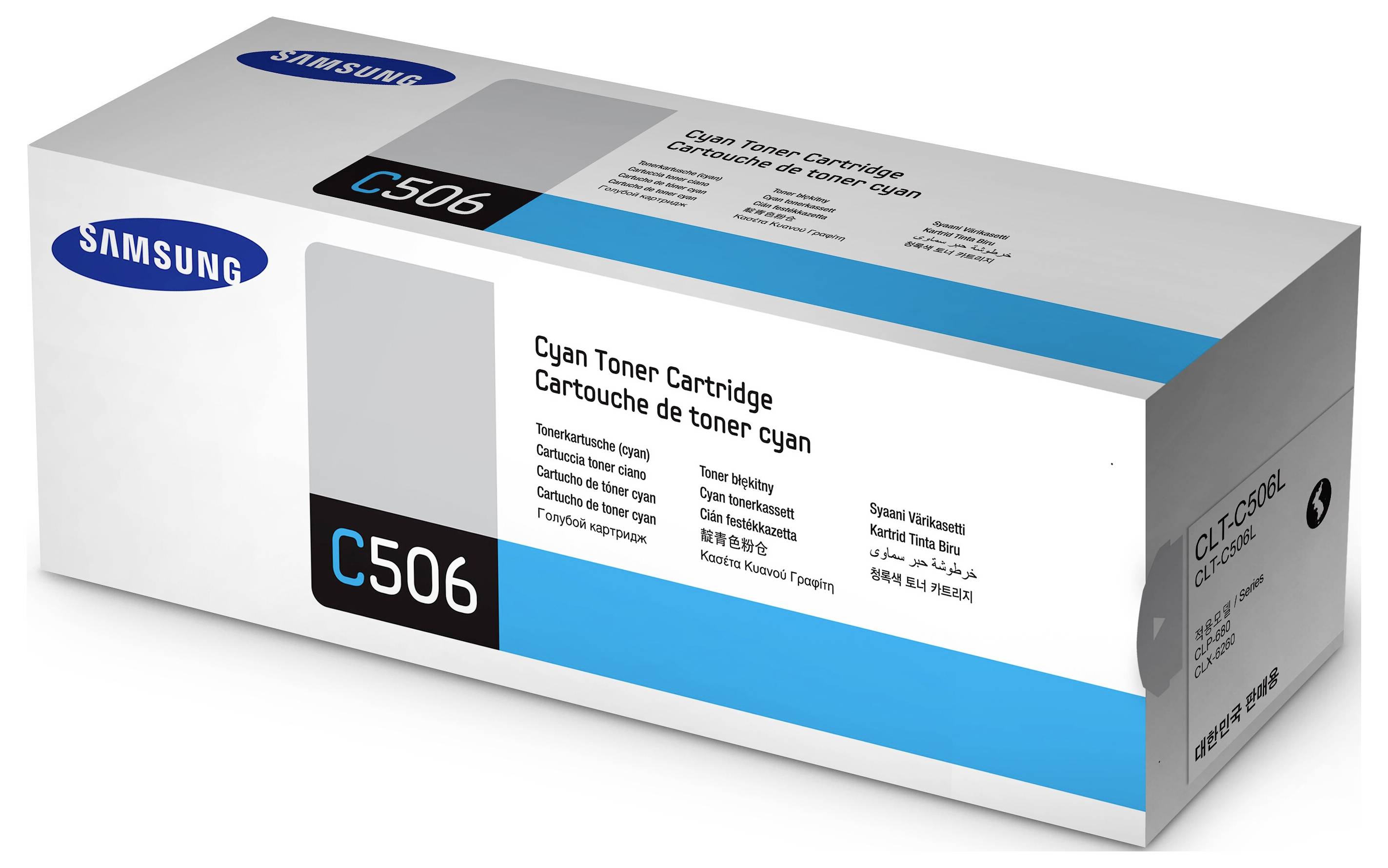 Cartouche de Toner Cyan Samsung C506 affichée dans son emballage sur fond blanc.