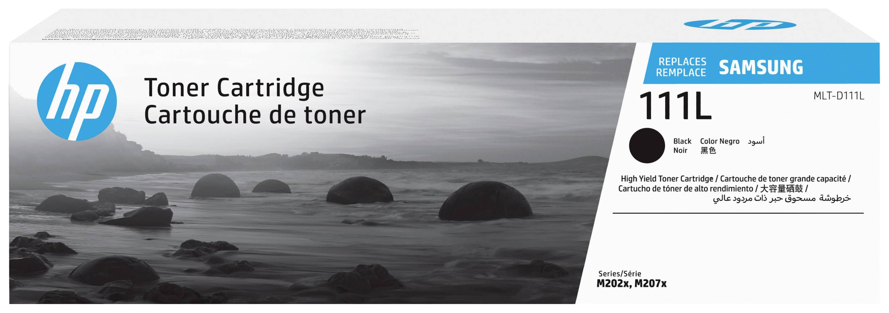 Cartouche de toner HP 111L pour modèles M2020, M2021. Haute capacité. Photo en noir et blanc de rochers dans la mer au coucher du soleil sur l'emballage.