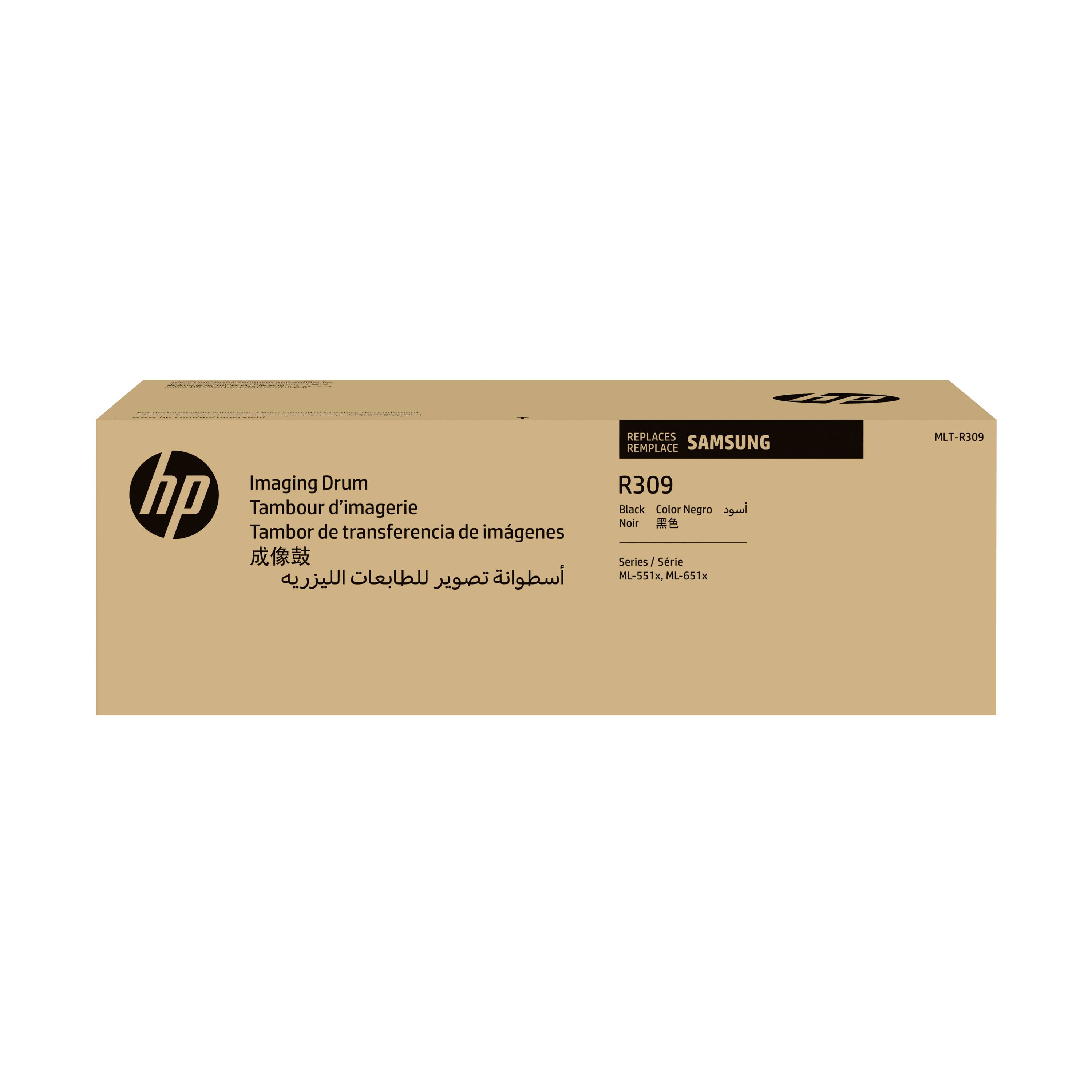 Tambour d'imagerie HP boîte étiqueté R309, toner noir, pour imprimantes Samsung, avec texte multilingue sur emballage beige.
