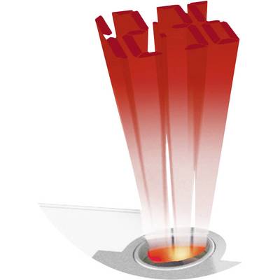 Des barres rouges et roses s'élèvent d'un socle rond gris et projettent une lumière intense vers le haut.