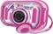 Appareil photo rose pour enfants 'Kidizoom Touch 5.0' de VTech avec objectif de 5,0 mégapixels et zoom numérique, décoré de motifs de cœurs et de papillons ; fourni avec des écouteurs.