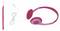 Écouteurs roses avec coussinets d'oreille et câble, à côté d'une lanière de transport rose.