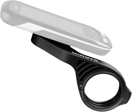 Un support de vélo noir pour un appareil GPS, montré de côté. Au-dessus, l'appareil suggéré en gris transparent.