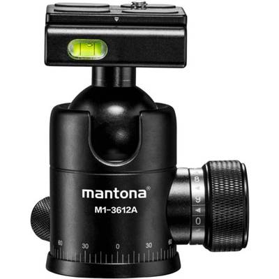 'Tête de trépied Mantona M1-3612A avec niveau à bulle, mécanisme de rotation et d'inclinaison, affichant des échelles de précision angulaire.'